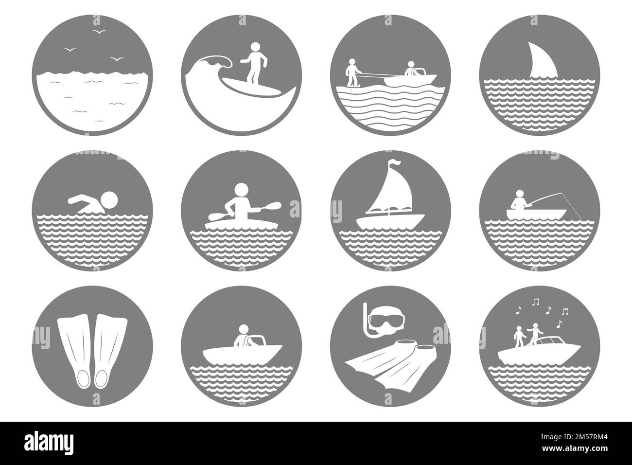 Icônes de sports nautiques. Symboles natation, plongée, kayak, surf. Vecteur. Illustration de Vecteur