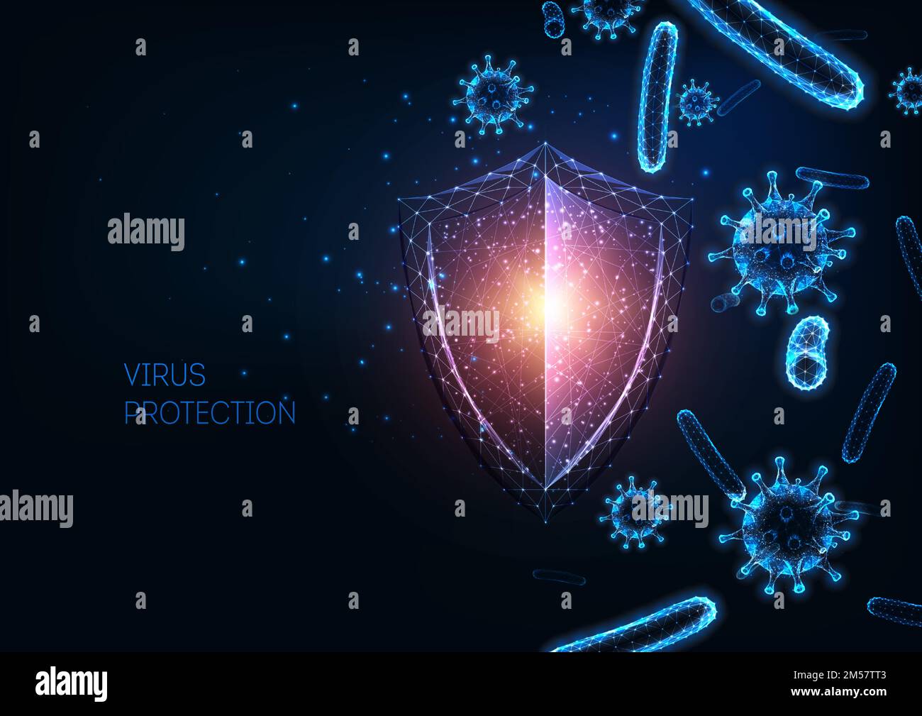 Concept futuriste de protection du système immunitaire contre les maladies infectieuses avec bouclier polygonal faible luminescent, cellules de virus et de bactéries sur fond bleu foncé Illustration de Vecteur