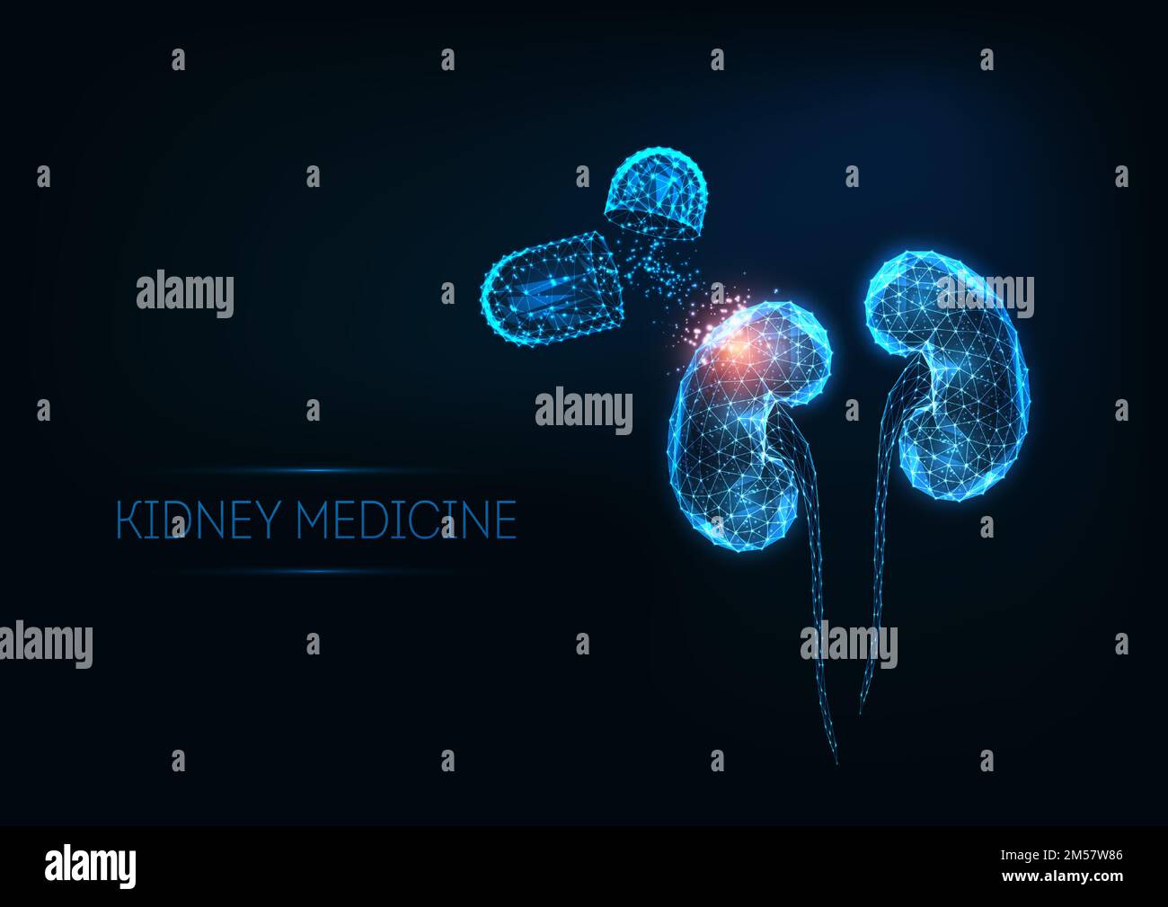 Concept futuriste de médecine des reins avec des reins humains et des capsules luminescents et faiblement polygonales isolés sur fond bleu foncé. Cadre métallique moderne Illustration de Vecteur