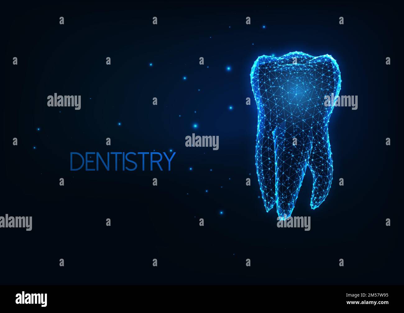 Dent molaire humaine sombre et polygonale futuriste isolée sur fond bleu foncé. Dentisterie, concept de soins dentaires. Conception moderne en maille à armature métallique Illustration de Vecteur