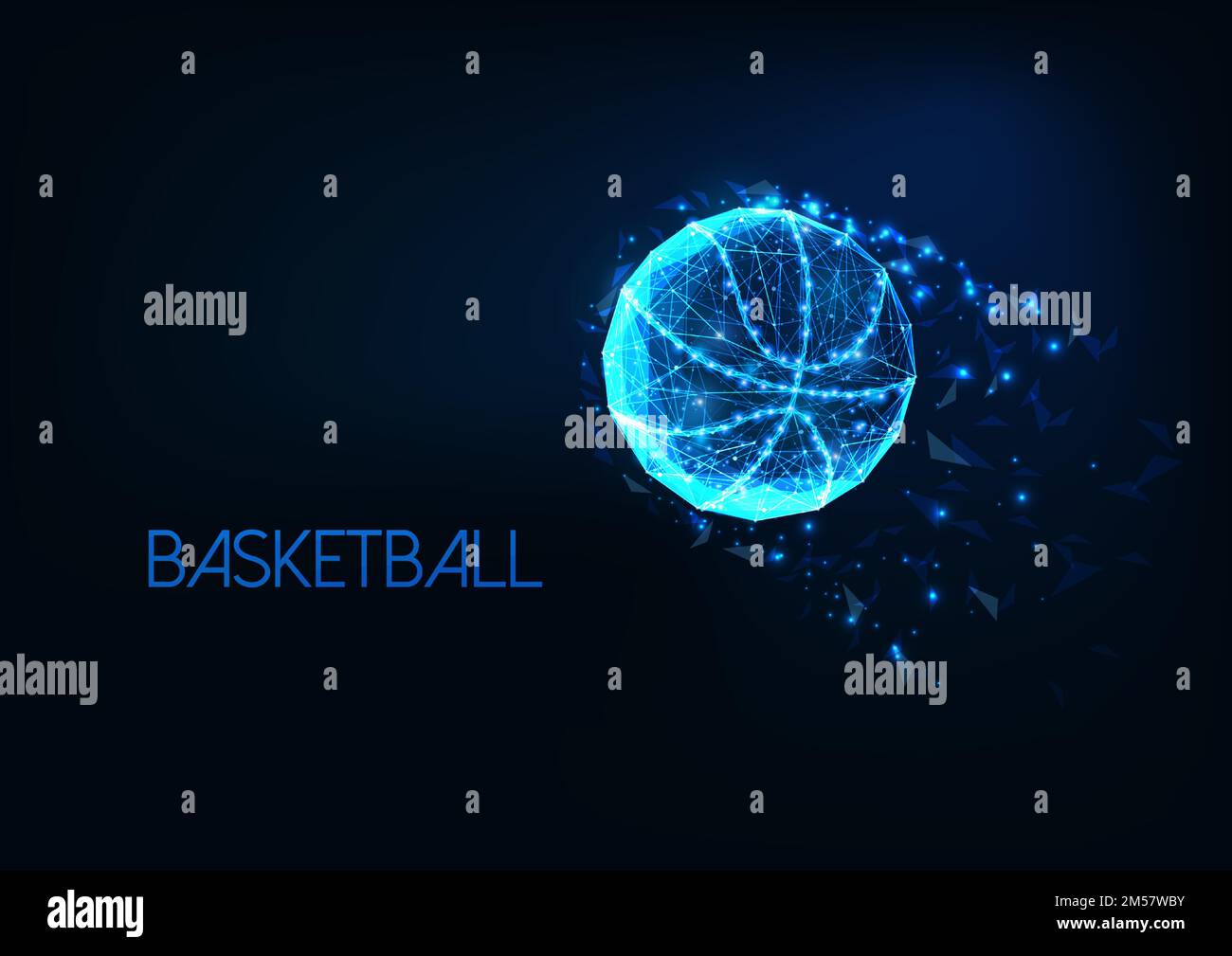 Ballon de basket-ball à basse tonalité futuriste, lumineux et court, isolé sur fond bleu foncé. Illustration vectorielle de la conception de maillage à cadre métallique moderne. Illustration de Vecteur