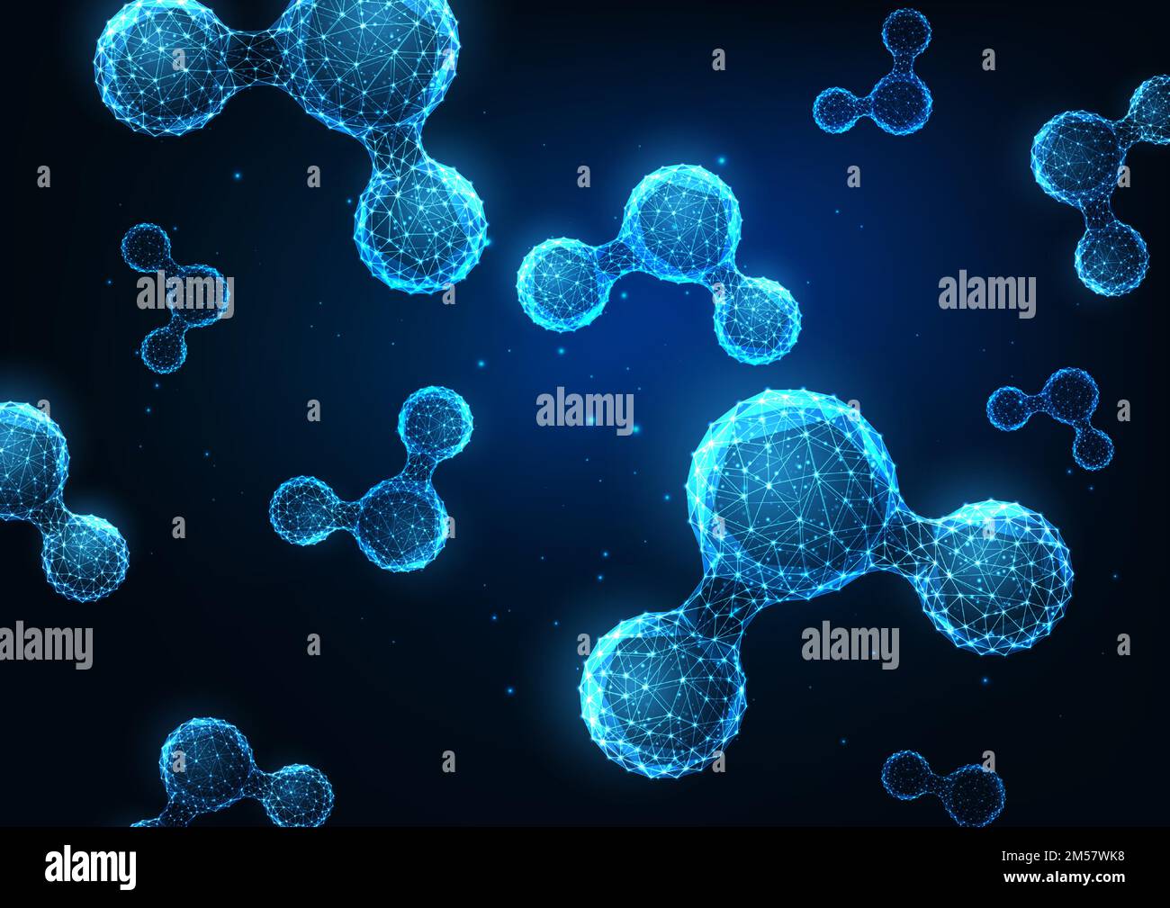 Modèle futuriste de bannière web scientifique avec molécules structurelles d'eau polygonales à faible lueur sur fond bleu foncé. Conception moderne en maille à armature métallique Illustration de Vecteur