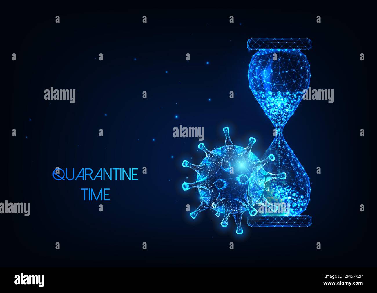 Temps de quarantaine futuriste pendant la pandémie du coronavirus concept avec sablier polygonal à faible lueur et molécule de virus sur fond bleu foncé. Moderne Illustration de Vecteur