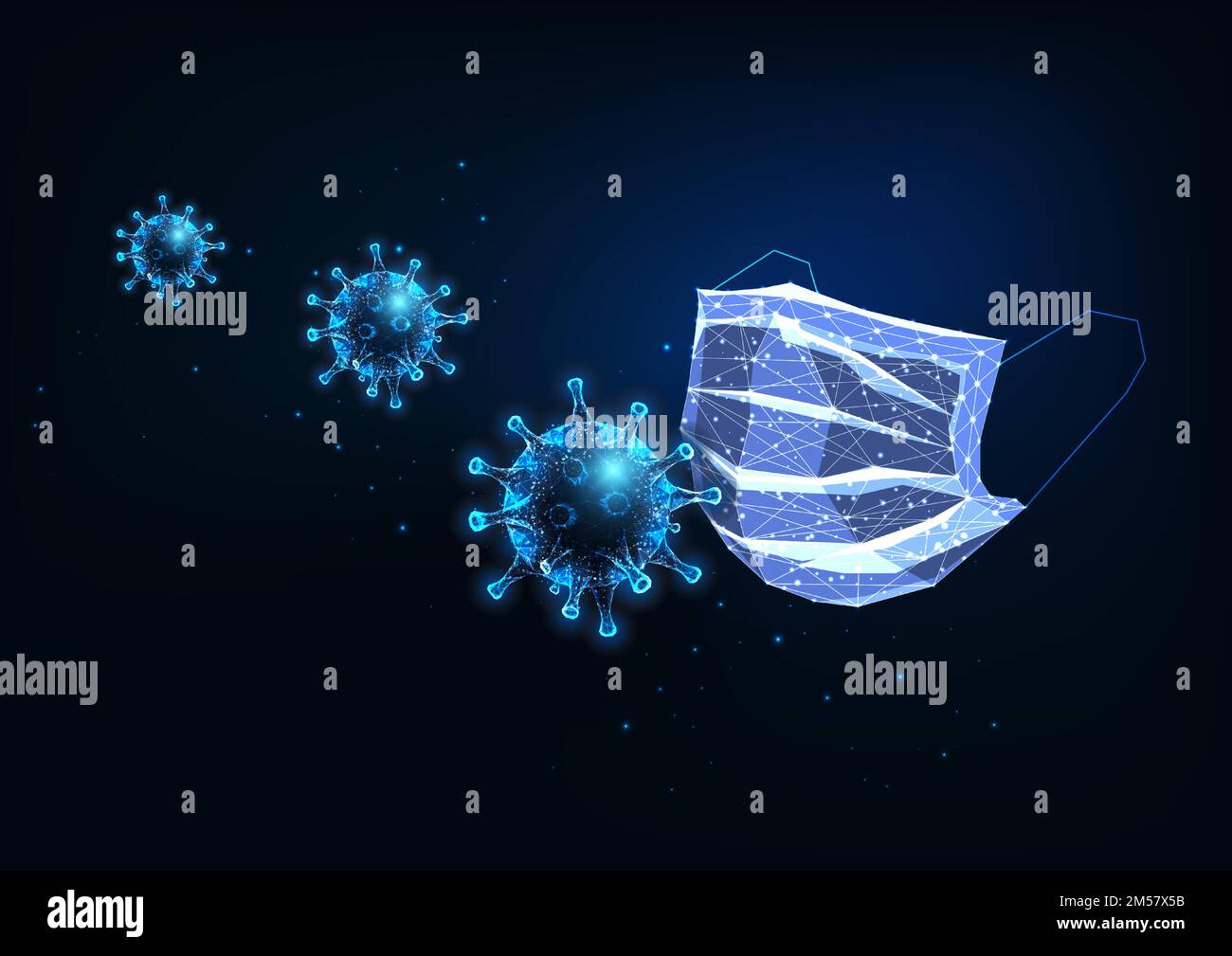 Masque de protection médical et coronavirus futuristes luminescents faiblement polygonaux sur fond bleu foncé. Illustration vectorielle de la conception de maillage à cadre métallique moderne. Illustration de Vecteur