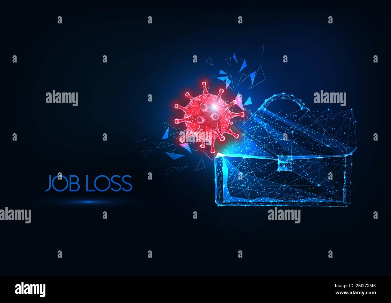 Perte d'emploi futuriste due à l'impact du coronavirus sur le concept de l'économie mondiale avec une valise polygonale basse et un virus rouge sur fond bleu foncé. Mode Illustration de Vecteur