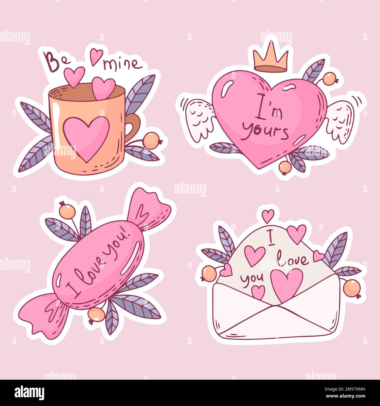 saint-valentin autocollants coeur avec ailes tasse avec coeur bonbon avec texte je t'aime et enveloppe Illustration de Vecteur