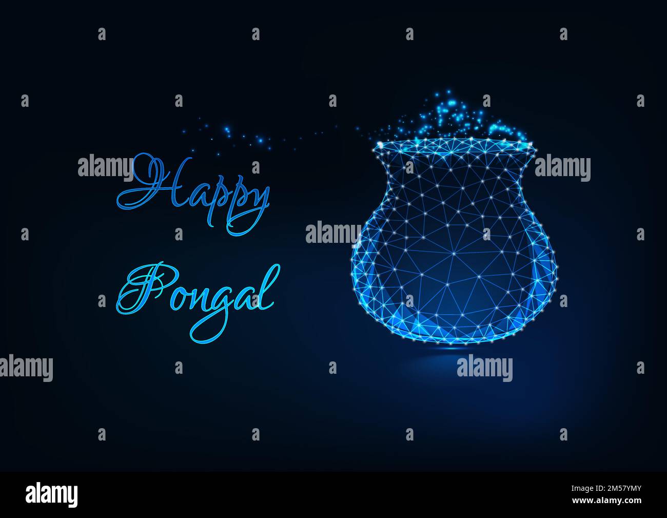 Modèle de carte de vœux Happy Pongal avec pot en polyéthylène basse et repas de riz traditionnel, texte sur fond bleu foncé. Festival de récolte des Indiens du Sud. Illustration de Vecteur