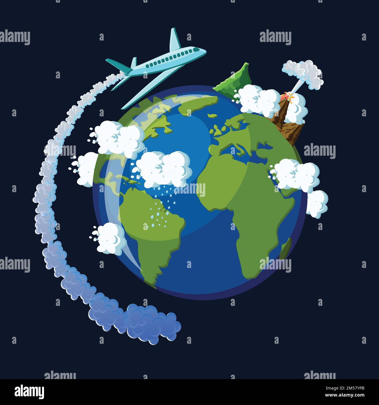 Concept de voyage autour du monde. Avion avec queue de vapeur vole autour de la planète Terre. Illustration vectorielle de dessin animé de style plat. Illustration de Vecteur