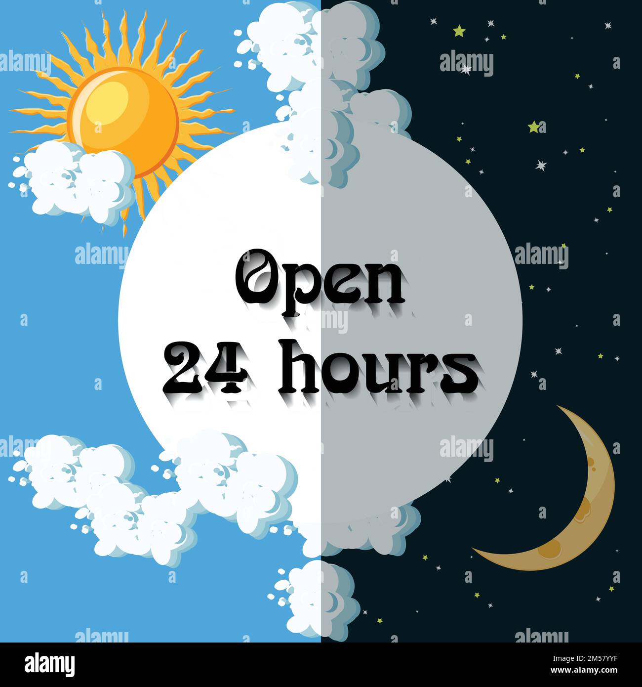 Affiche « ouvert 24 heures ». Concept jour et nuit. Illustration vectorielle de dessin animé. Illustration de Vecteur