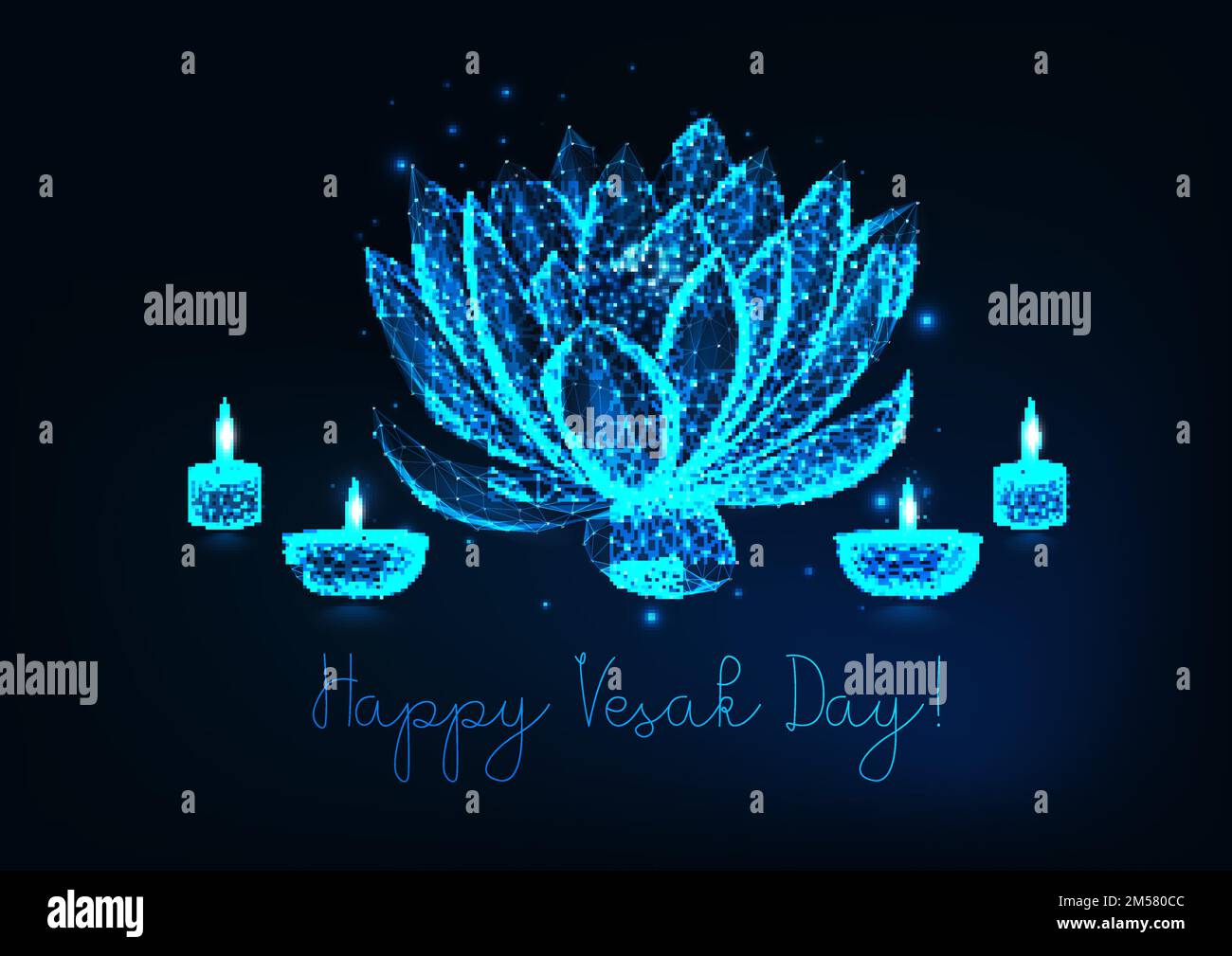 Modèle de carte de vœux Happy Vesak avec fleur de lotus polygonale basse, lampes à huile de diya et bougies sur fond bleu foncé. Wirefra futuriste Illustration de Vecteur