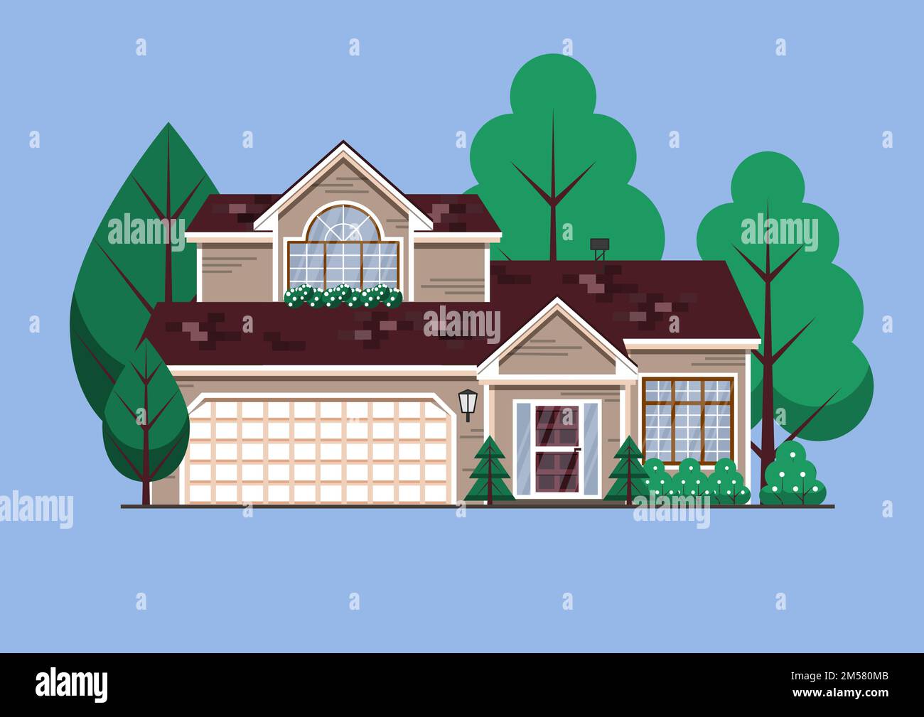 Suburban American simple maison familiale. Deux magasins maison de ville avec arbres de jardin isolés sur fond bleu. Illustration vectorielle plate Illustration de Vecteur