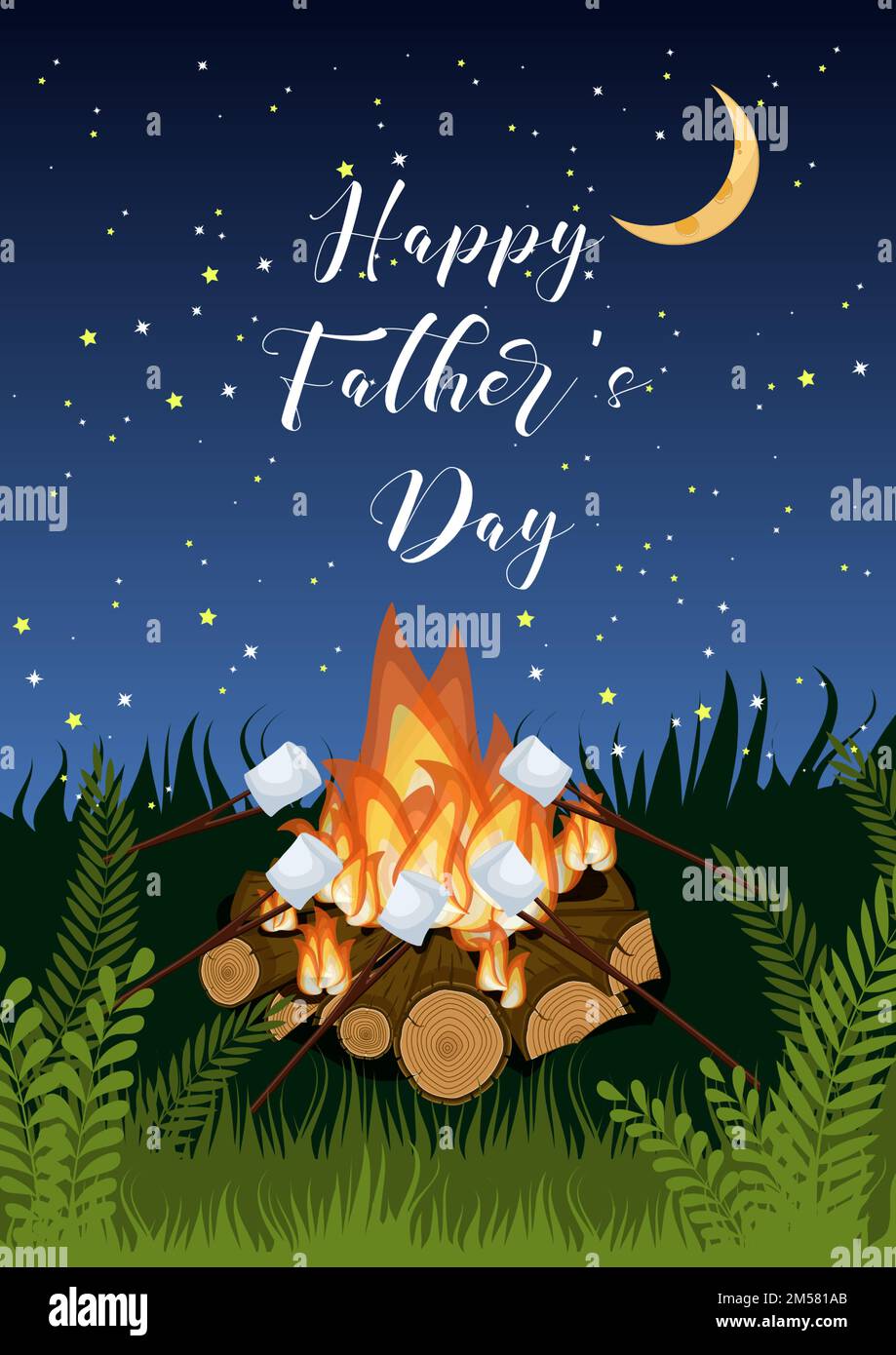 Modèle de carte de vœux Happy Pères avec feu de camp, marshmallows à rôtir, herbe verte sur fond bleu foncé ciel étoilé nuit. Vecteur de dessin il Illustration de Vecteur