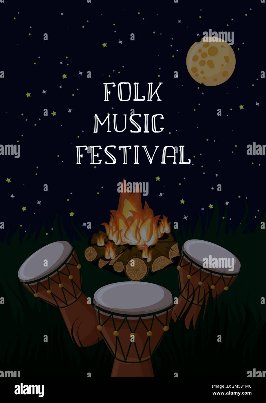 Modèle d'affiche du festival de musique folk avec tambours ethniques, feu de camp et ciel étoilé et texte. Illustration vectorielle de style dessin animé. Illustration de Vecteur