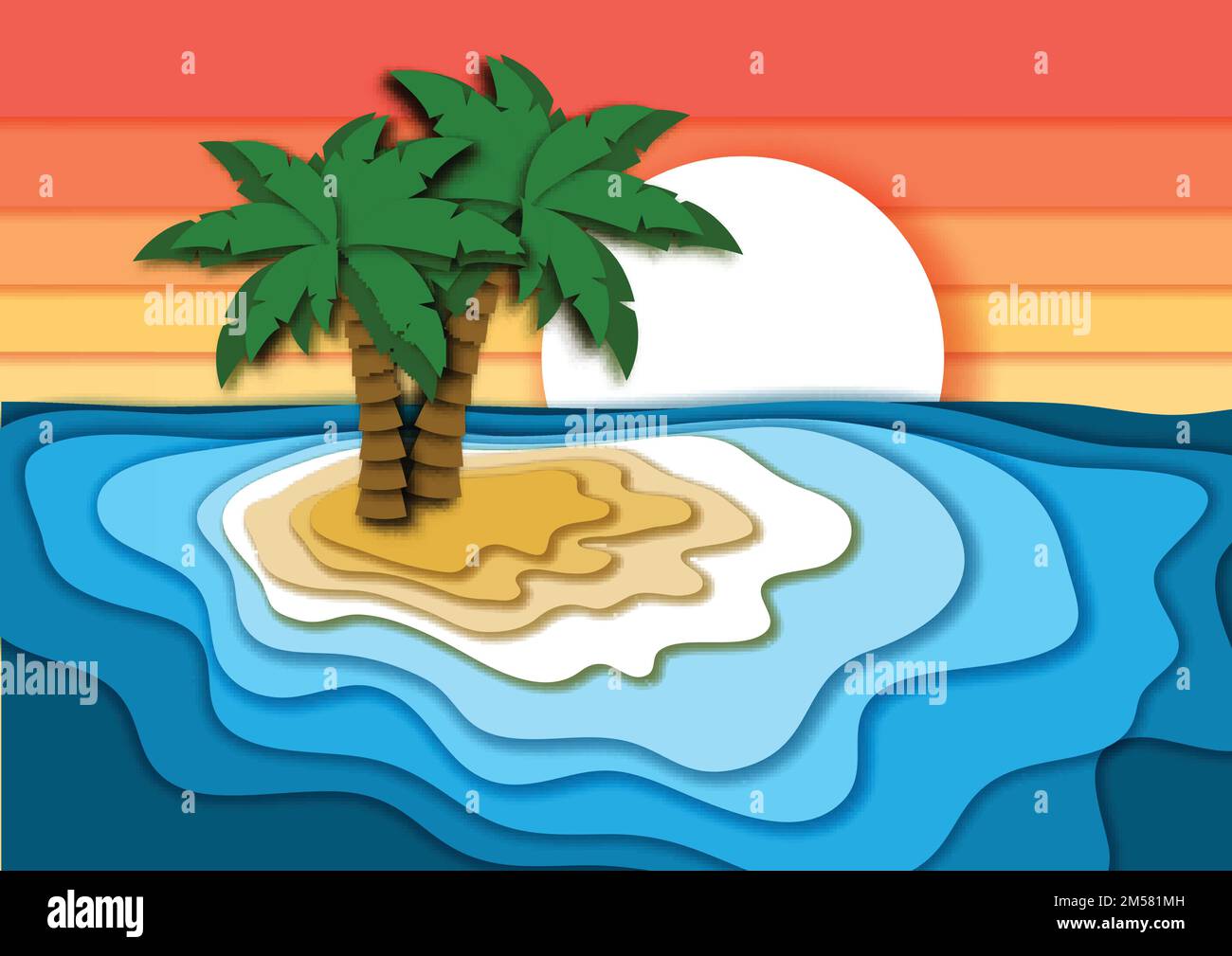 Concept de vacances d'été avec île tropicale lumineuse, plage de sable, vagues de mer ou d'océan et ciel de coucher de soleil. Illustration vectorielle du style de découpe du papier. Illustration de Vecteur