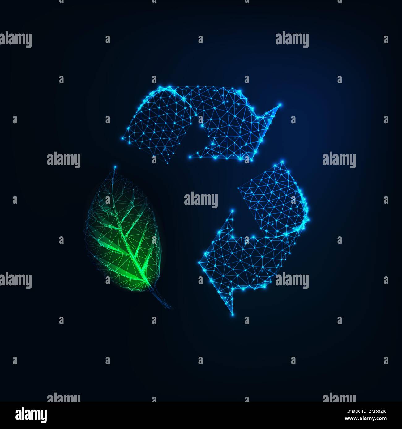 Panneau de recyclage polygonal sombre futuriste avec feuille verte composée de lignes, d'étoiles, de triangles isolés sur fond bleu foncé. Environnement conservati Illustration de Vecteur
