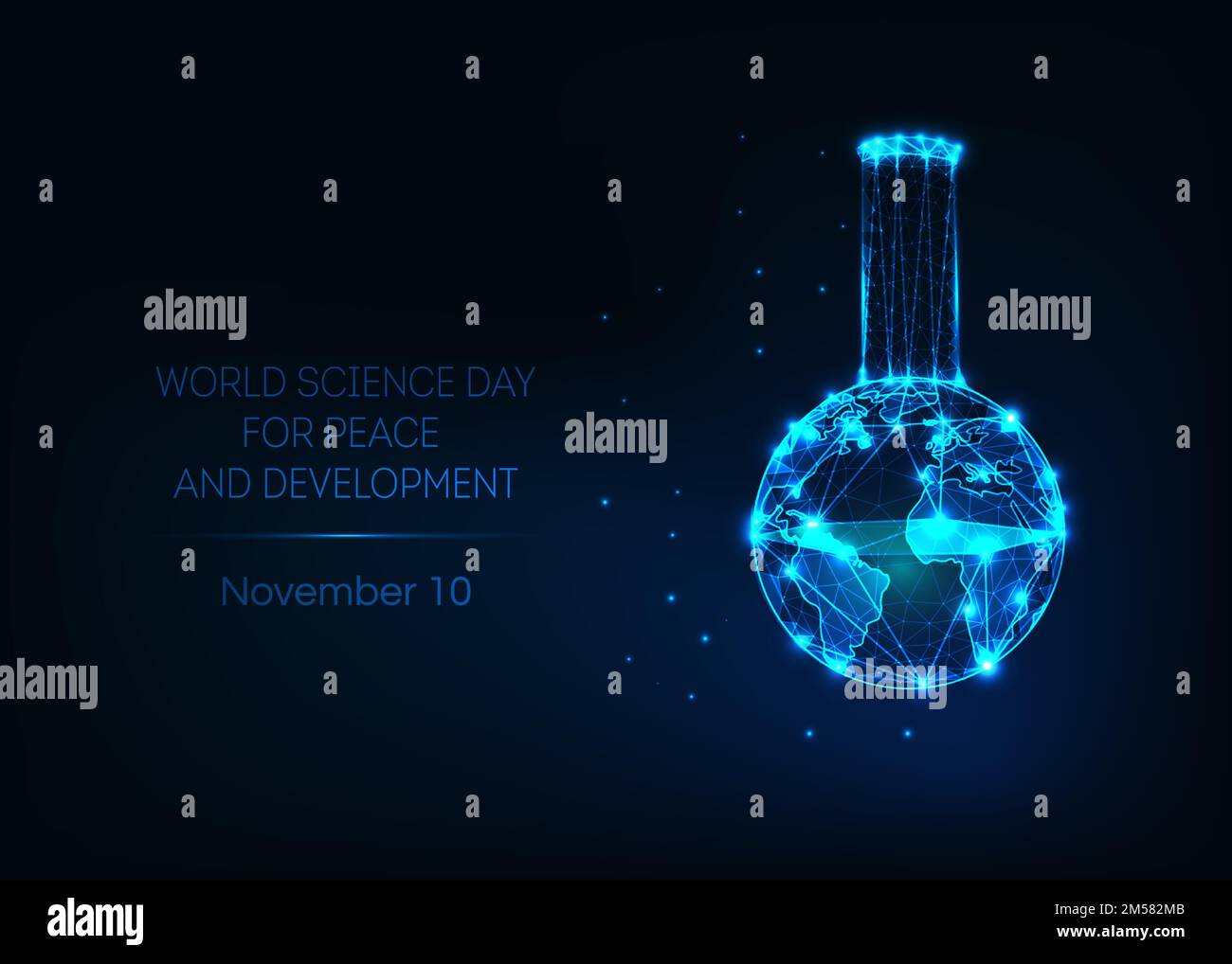 Journée mondiale de la science pour la paix et le développement, modèle de bannière numérique 10 novembre avec bécher de laboratoire à basse température polygonale et globe terrestre sur d. Illustration de Vecteur