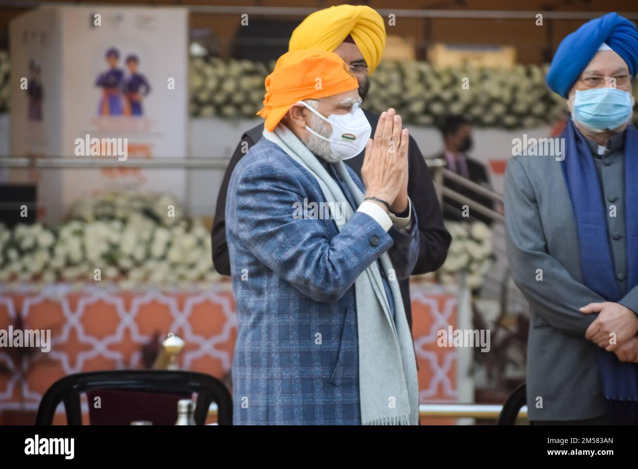 New Delhi, Inde, 26 décembre 2022 - Premier ministre indien Shri. Narendra Modi parle lors du programme « Veer Baal Diwas » au Major Dhyan Chand Nationa Banque D'Images