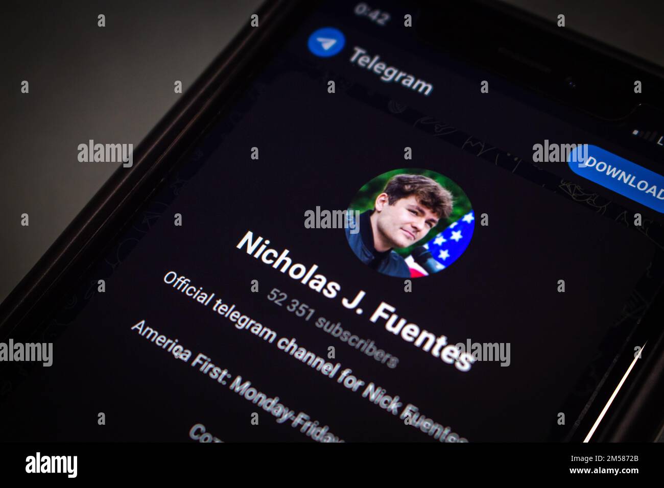 Nick Fuentes Telegram page de canal vu dans un écran d'iPhone. Nicholas J. Fuentes est un commentateur politique américain et un lecteur en direct Banque D'Images