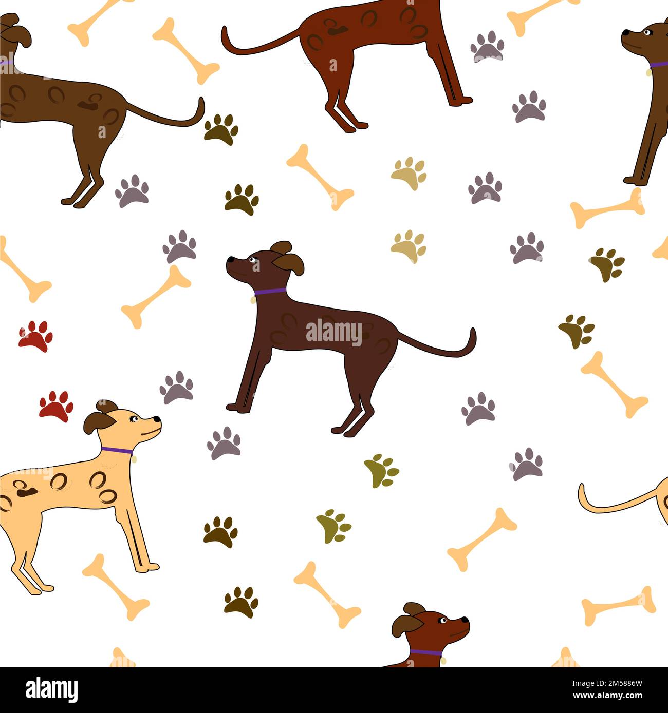 Motif sans couture avec chiens bruns ; motif chien en forme de chien avec pattes et os sur fond blanc Illustration de Vecteur