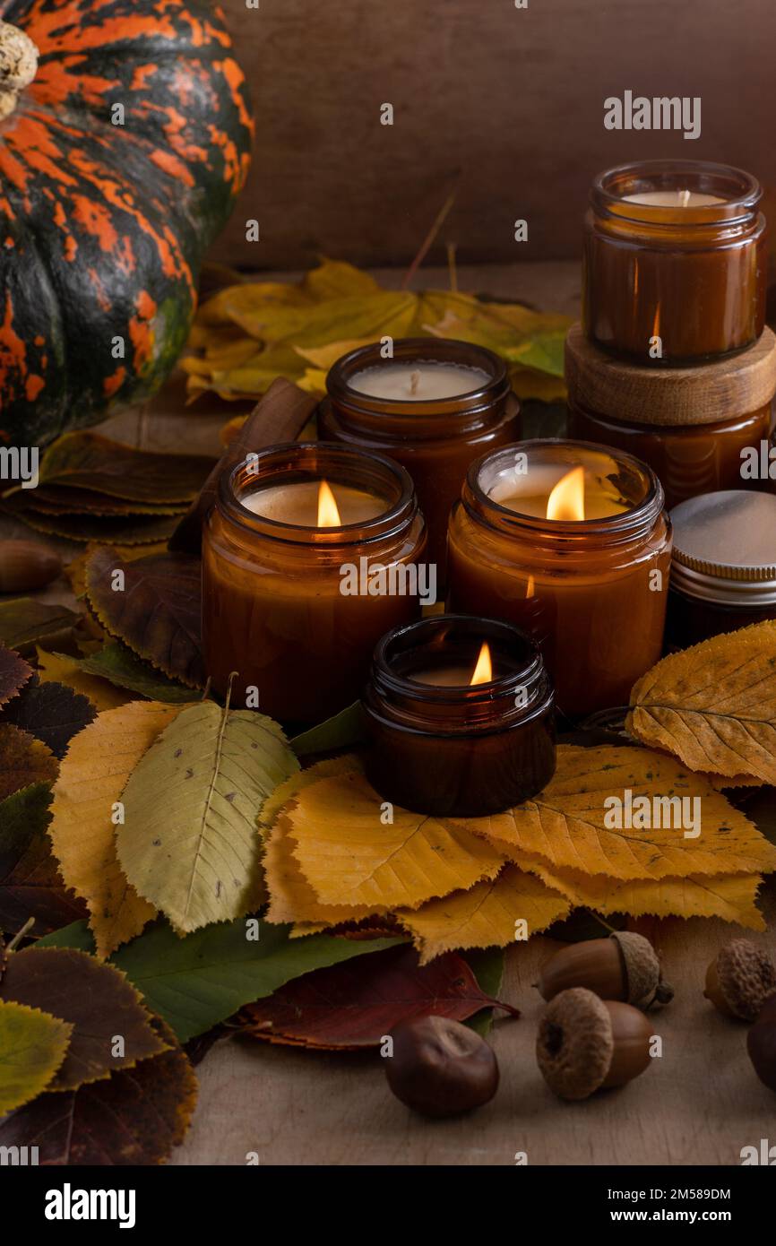 Les bougies de soja brûlent dans des pots en verre. Feuilles d'arbre, citrouille. Confort à la maison. Bougie dans un pot brun. Parfum et lumière. Bougie parfumée faite à la main. Aromathérapie. Ambiance d'automne. Décoration chaleureuse à l'automne. Banque D'Images