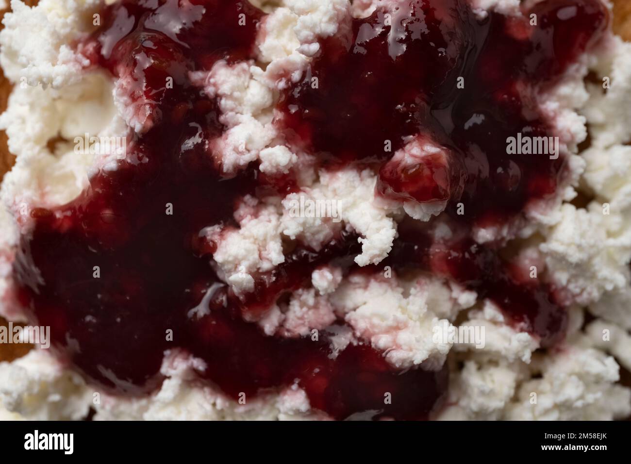 Pain grillé sain pour le petit déjeuner avec fromage cottage et confiture de baies, produits laitiers. Prise de vue macro, vue de dessus Banque D'Images