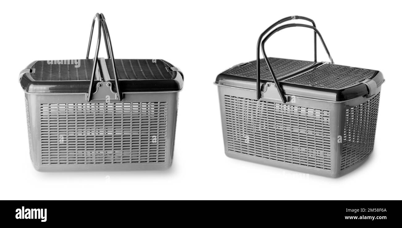 Panier en plastique artisanal isolé sur fond blanc Banque D'Images