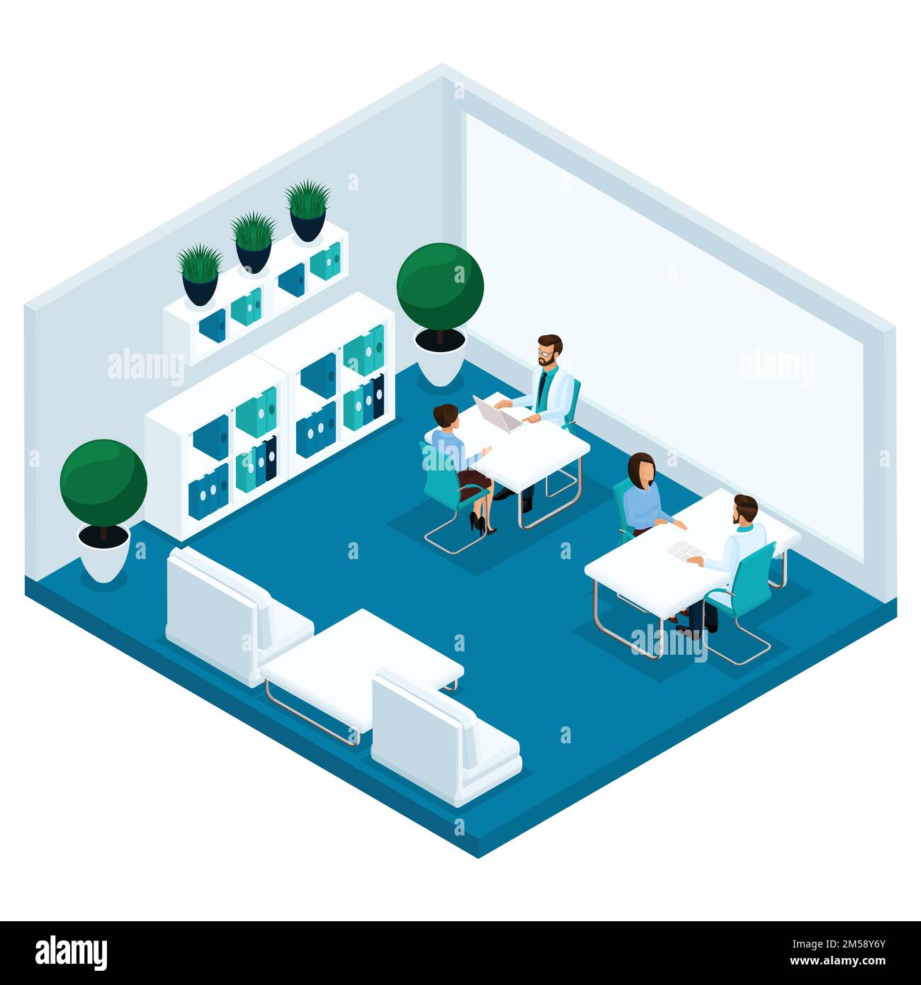 Les personnes isométriques à la mode, une chambre d'hôpital, le cabinet du médecin, le médecin reçoit les patients, le chirurgien, le patient sont isolés sur un arrière-plan léger Illustration de Vecteur