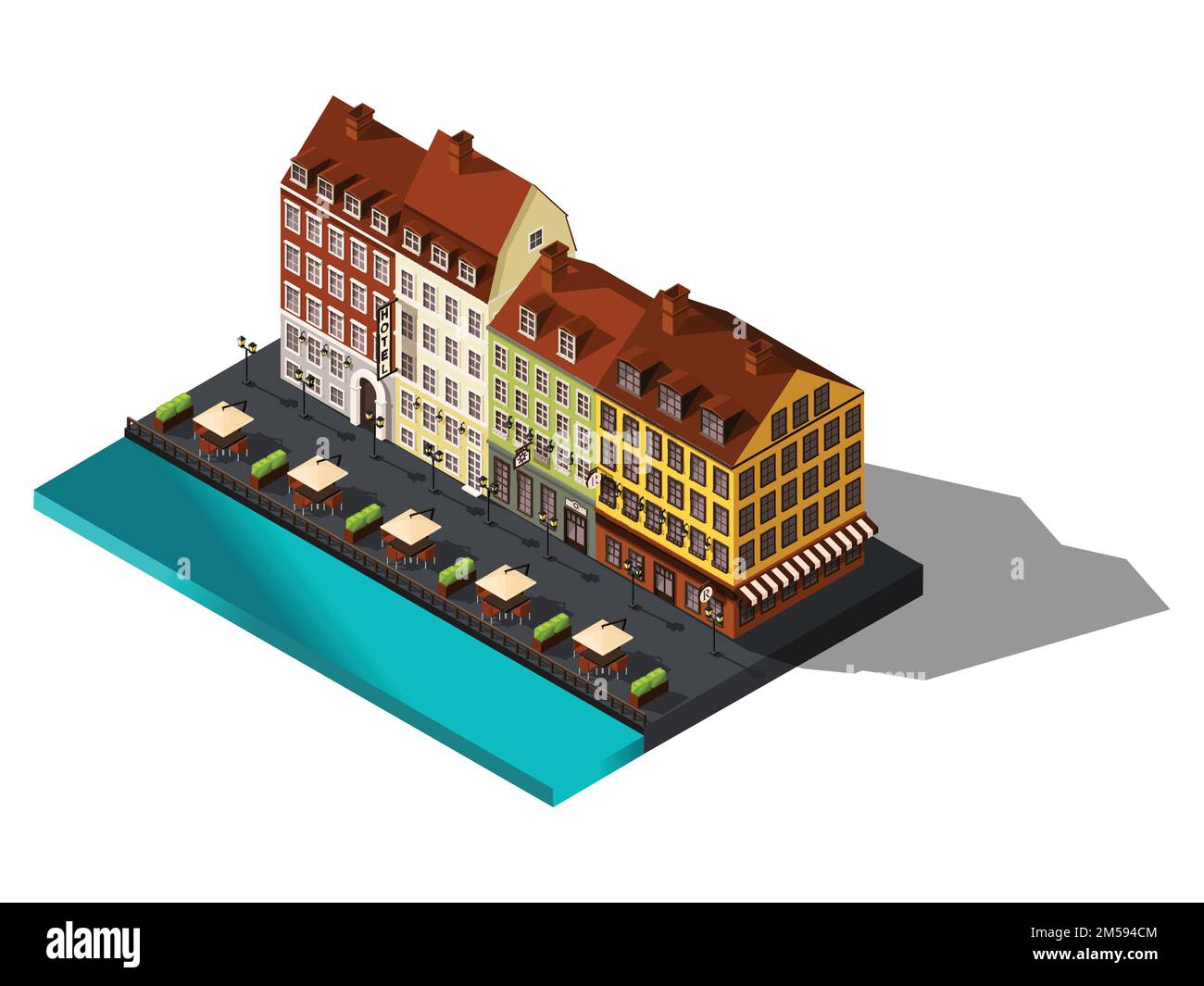 Icône isométrique, 3D rue du vieux dov par la mer, hôtel, restaurant, Danemark, Copenhague, Paris, le centre historique de la ville, vieux bâtiments. Illustration de Vecteur