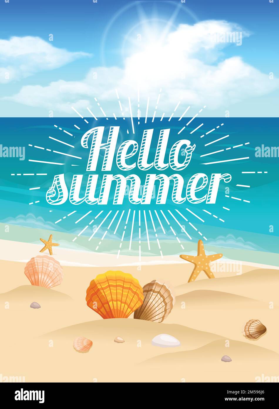 Grande carte postale, beau paysage, plage, sac de plage, chapeau de plage, coquillages, galets. Texte Sunburst Bonjour été. Illustration vectorielle. Illustration de Vecteur