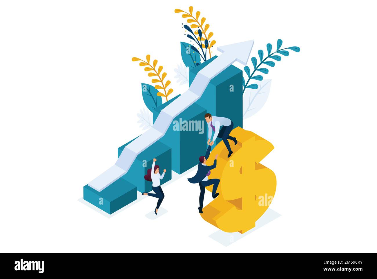 Site de concept lumineux isométrique. Les grandes entreprises contribuent au développement des petites entreprises. Concept de conception Web. Illustration de Vecteur