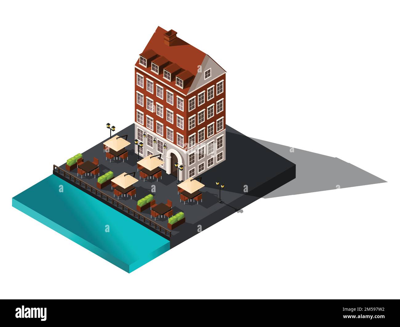 Icône isométrique, 3D vieille maison au bord de la mer, hôtel, restaurant, Danemark, Copenhague, Paris, centre-ville historique, vieux bâtiment pour les illustrations vectorielles. Illustration de Vecteur