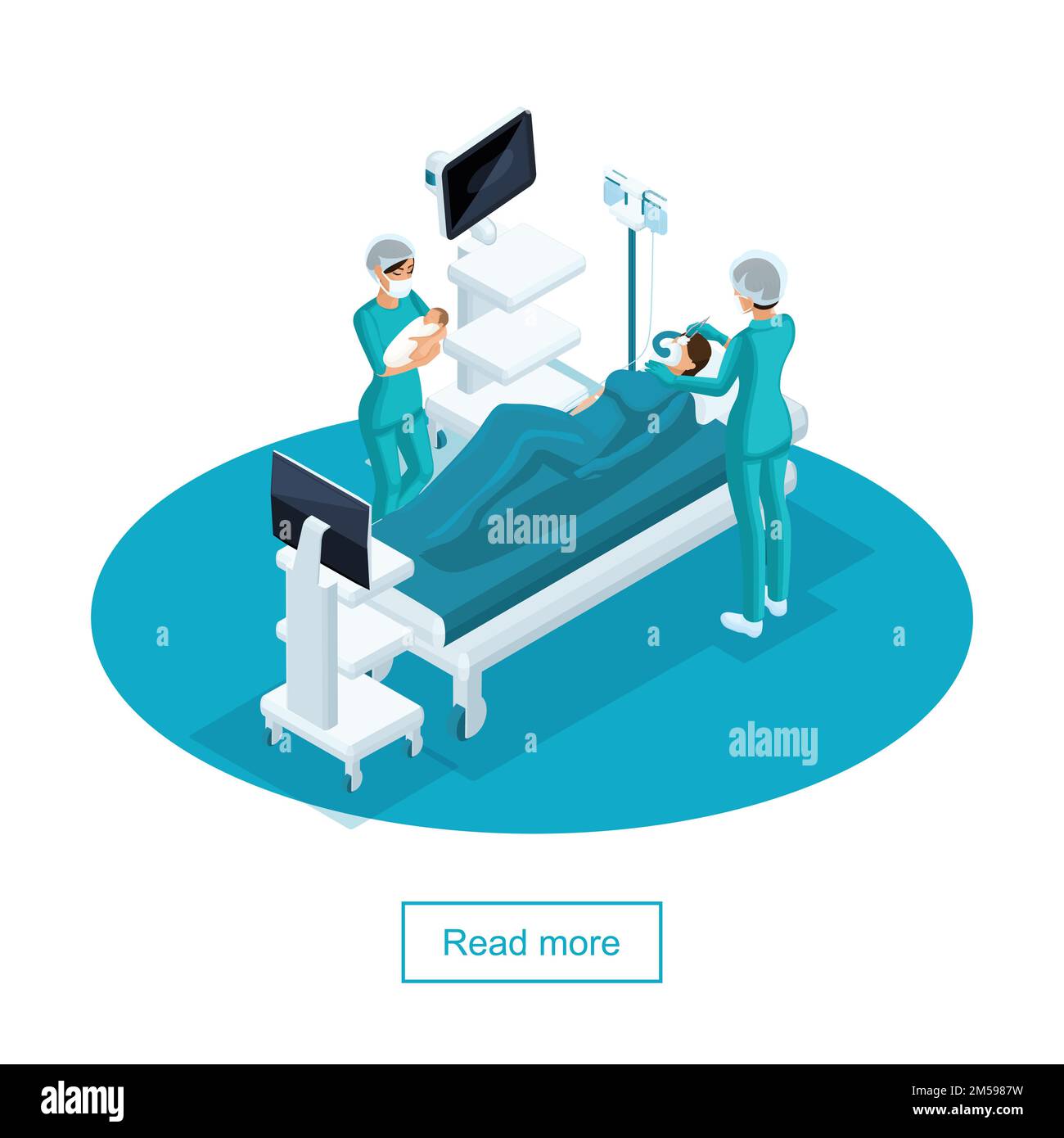 Concept isométrique d'une salle d'opération dans un hôpital de maternité, un médecin et un gynécologue obstétricien, prennent des naissances dans la femme parturiente. Illustration de Vecteur