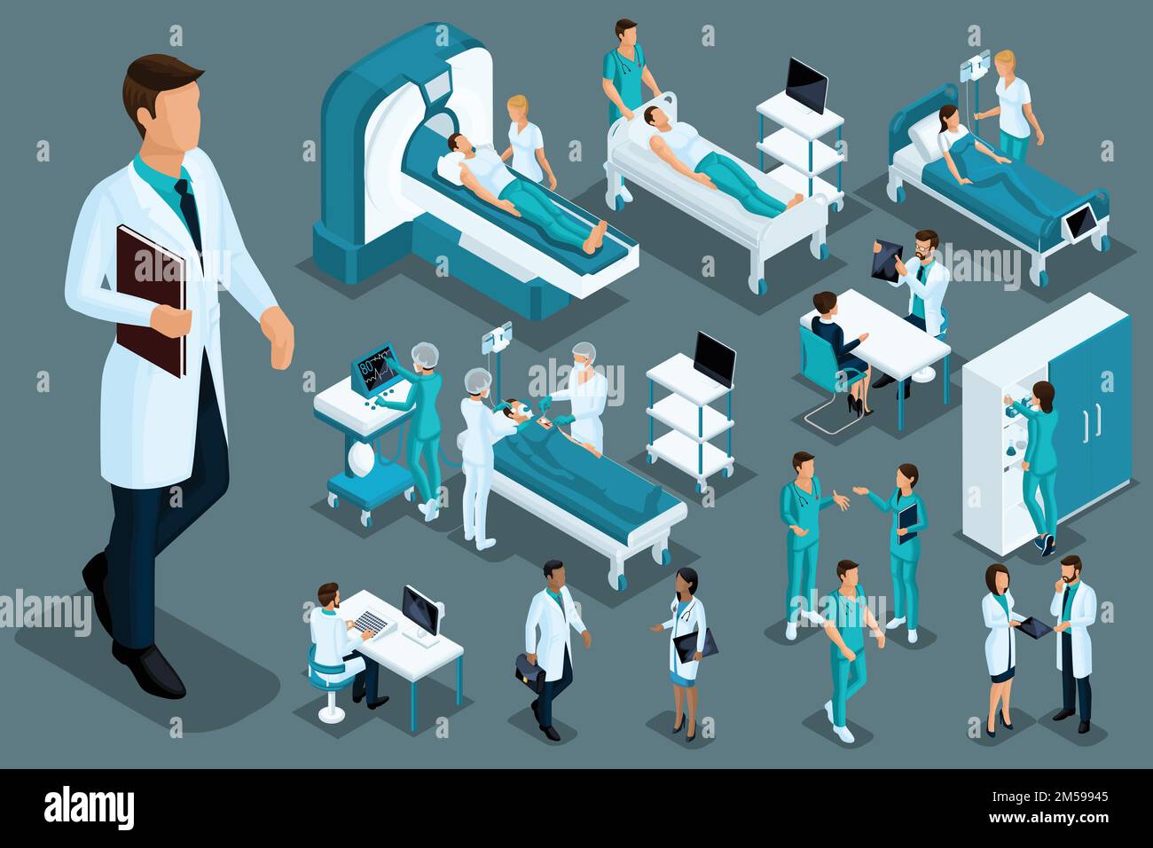 Analyse de qualité, personnel médical et patients, lit d'hôpital, IRM, scanner à rayons X, échographie, chaise dentaire, salle d'opération. Illustration de Vecteur