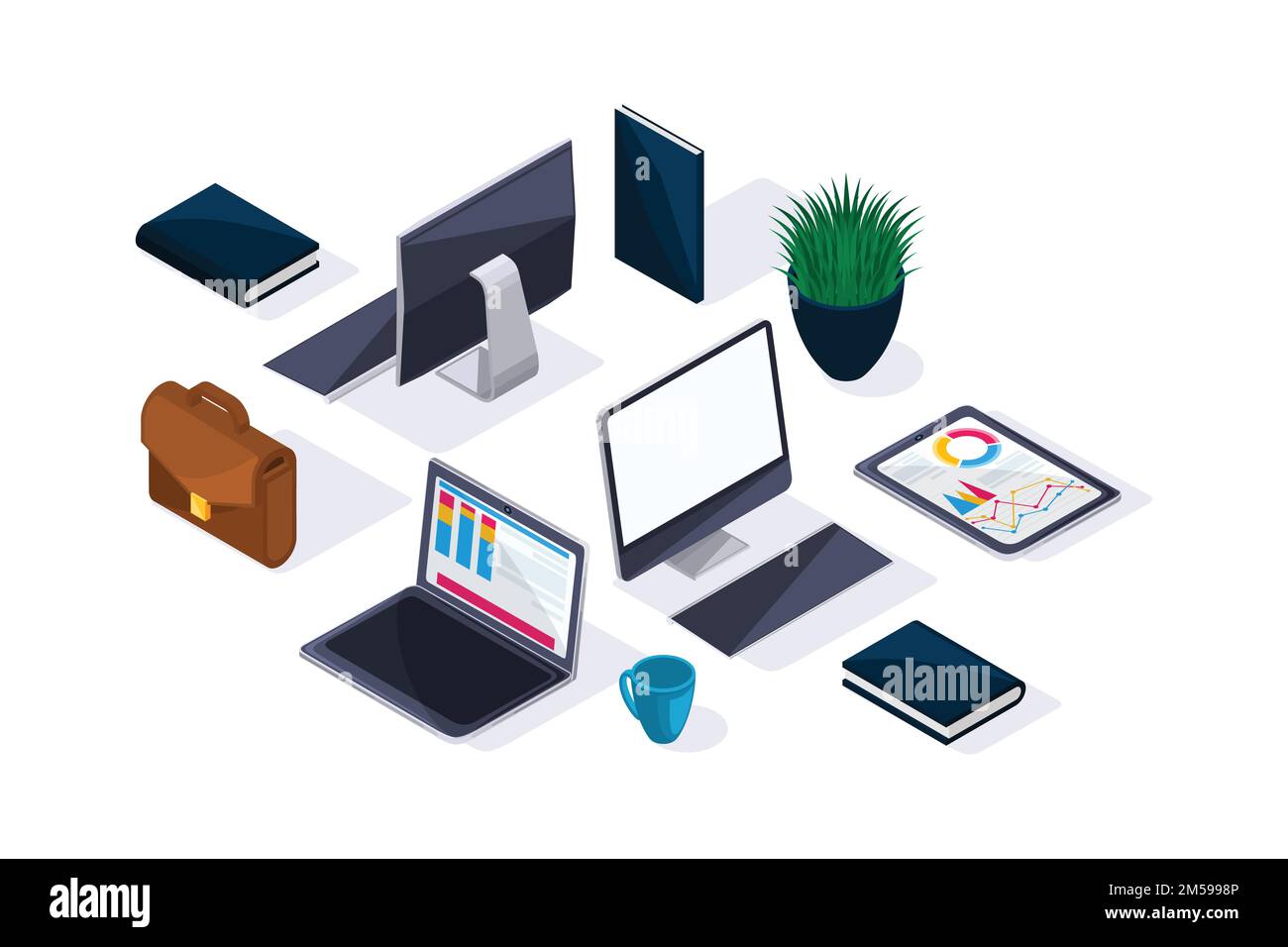 Accessoires d'affaires en isométrique, beau concept de la publicité et des présentations. Ordinateur portable, tablette, écran, mallette. Illustration de Vecteur