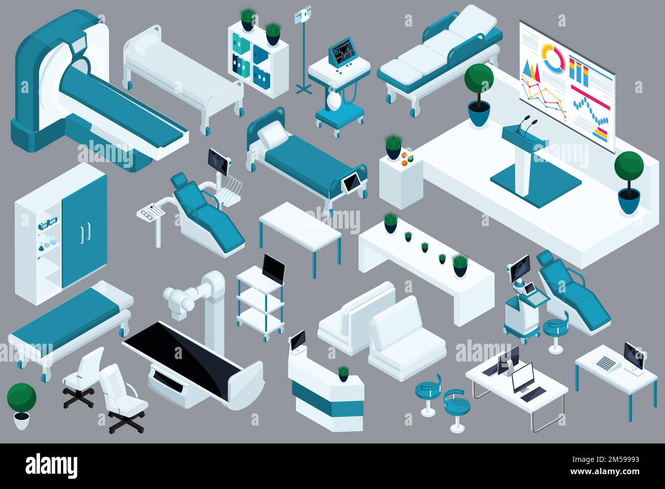 Isométrie de qualité, 3D appareils médicaux, lit d'hôpital, IRM, scanner à rayons X, échographie, chaise dentaire, salle d'opération. Illustration de Vecteur