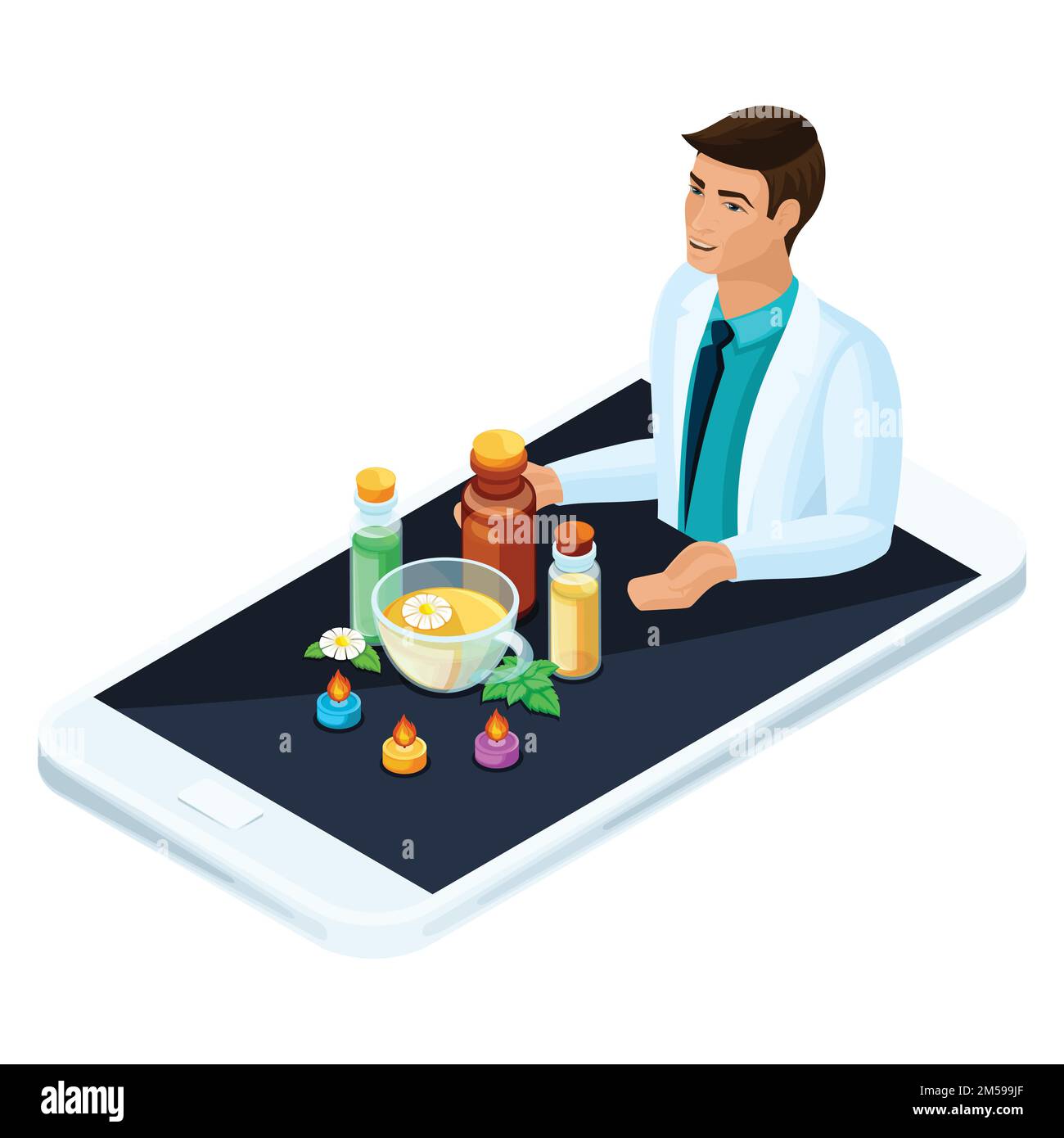 Concept isométrique médecine en ligne, produits de médecine alternative. Médecins avec des recommandations sur la médecine traditionnelle. Illustration de Vecteur