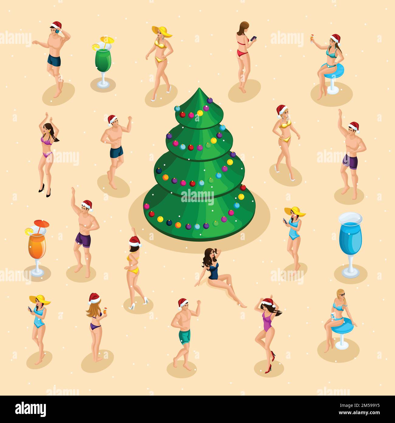 Célébration isométrique, les hommes et les femmes en maillots de bain ont du plaisir à la fête de Noël sur le sable de la mer sur la plage, danses, Ibiza, amusement. Illustration de Vecteur