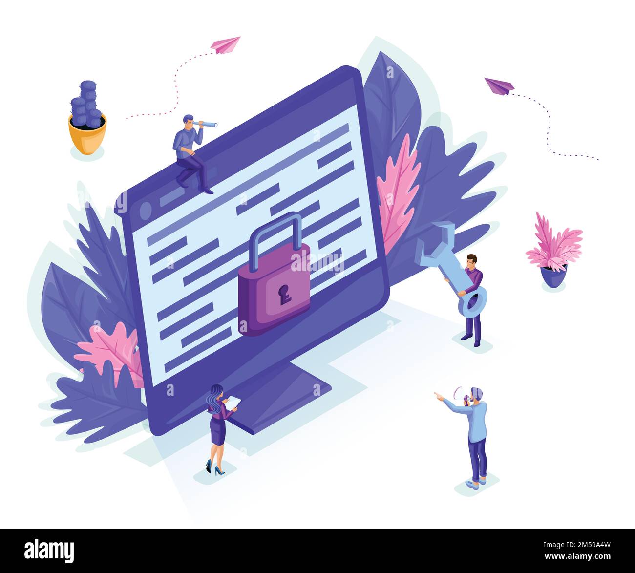 Les petites personnes isométriques travaillent avec un moniteur, concept de protection des données informatiques pour une page Web, codage, programmation, développement d'applications. Isolé Illustration de Vecteur