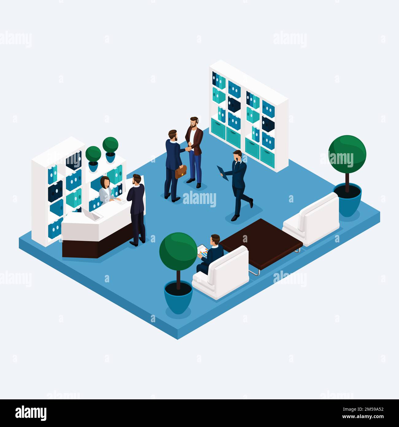 Salle isométrique travailleurs de bureau à plusieurs étages 3D hommes et femmes d'affaires dans le hall de la réception isolée. Illustration vectorielle. Illustration de Vecteur