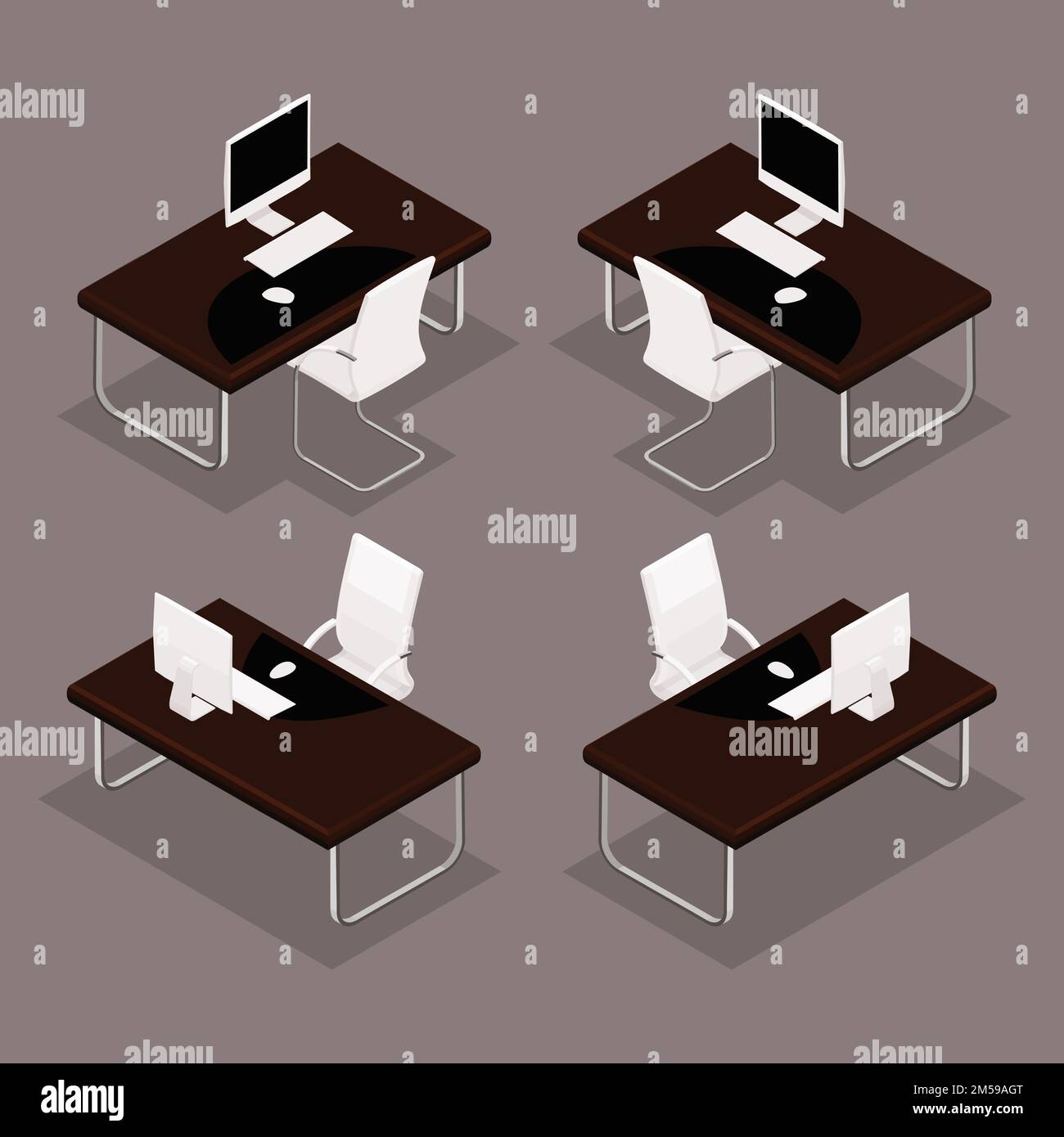Objets isométriques tendance, table 3D avec documents, ordinateur portable, chaise, clavier, souris, la vue avant, la vue arrière, sont isolées sur un arrière-plan sombre. Illustration de Vecteur