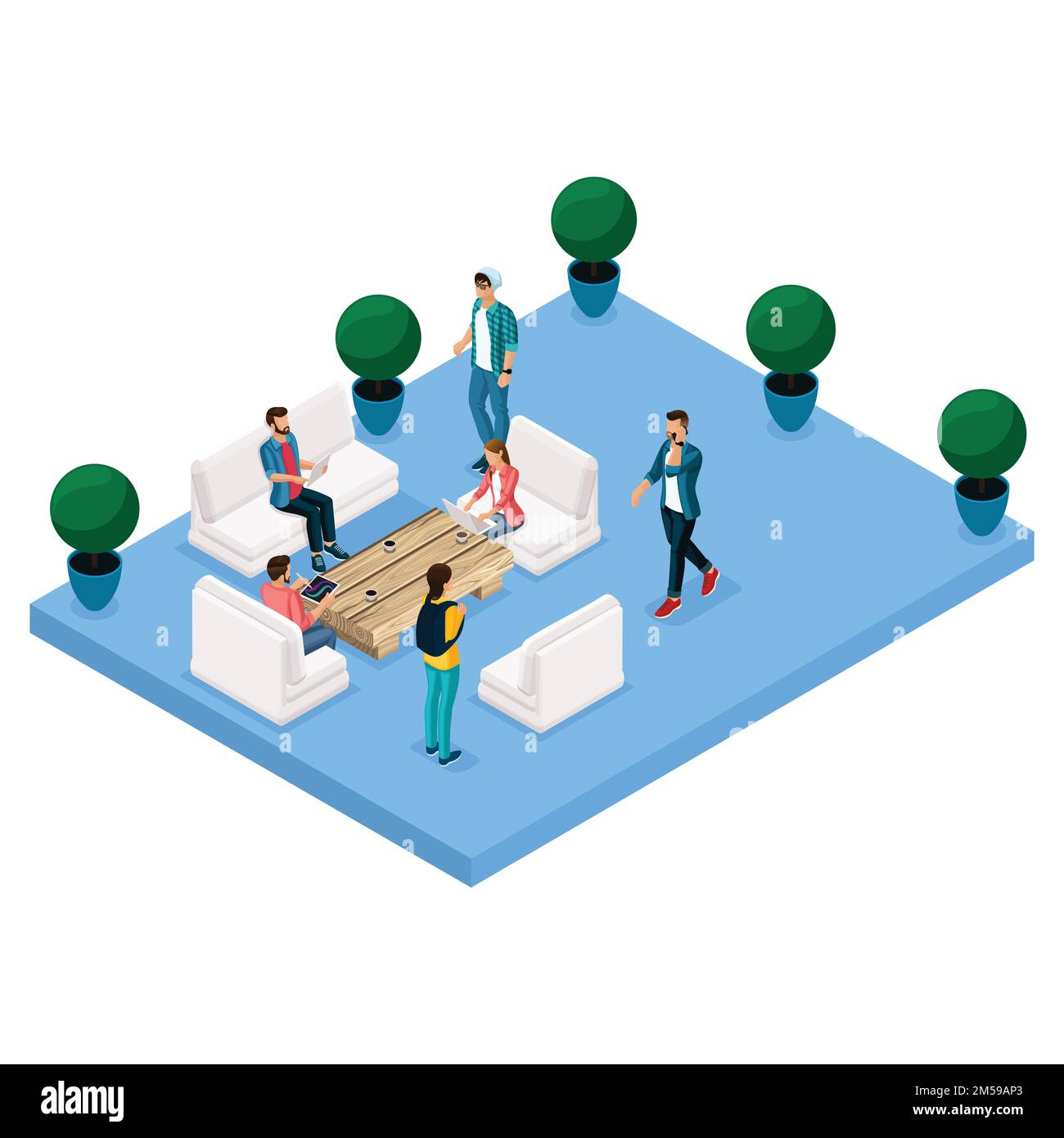 Concept isométrique tendance du centre de coworking. 3D personnes communiquent, travaillent et créent dans l'espace de bureau ouvert. Les créatifs, les indépendants travaillent isolat Illustration de Vecteur