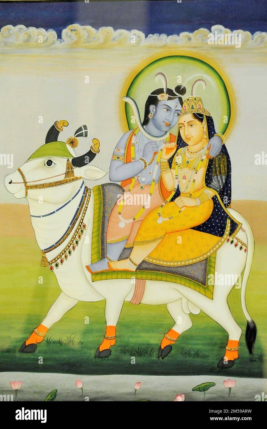 Radha Krishna assis sur la peinture d'art de vache Banque D'Images