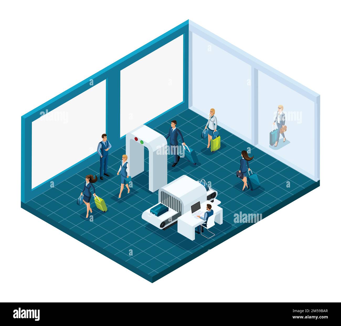 Passagers isométriques de l'aéroport avec bagages, inspection des choses à l'entrée du bâtiment, les employés de l'aéroport travaillent. Illustration vectorielle Illustration de Vecteur