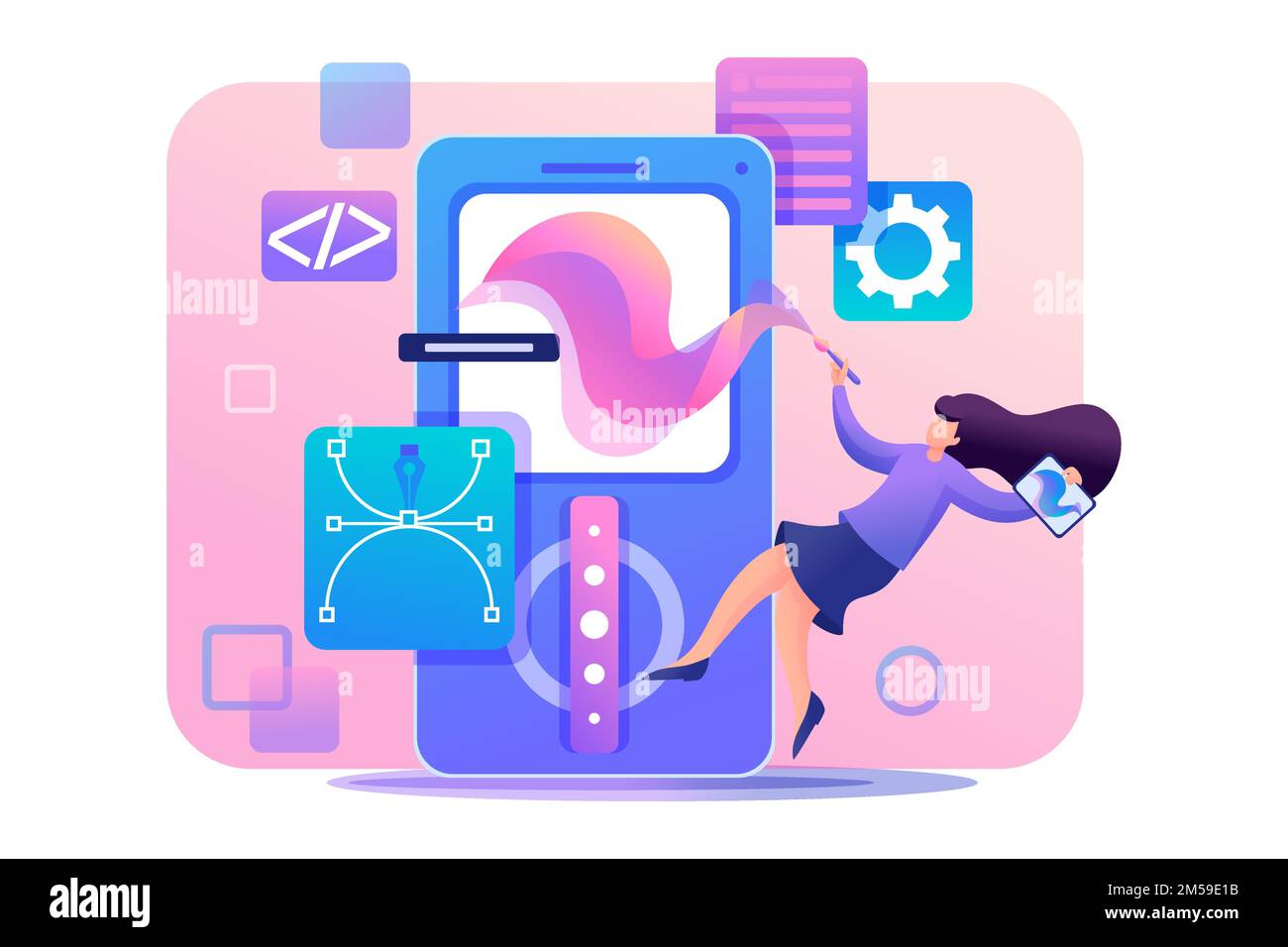 Fille designer est engagé dans la conception de l'application design, le développement de la conception graphique menu. 2D caractères plats. Concept de conception Web. Illustration de Vecteur