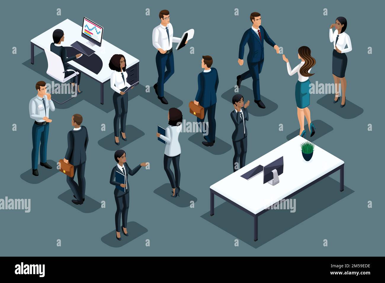 Isometrics homme d'affaires sur fond gris de différentes nationalités font des affaires. Développement des affaires internationales, conférences, réunions Illustration de Vecteur