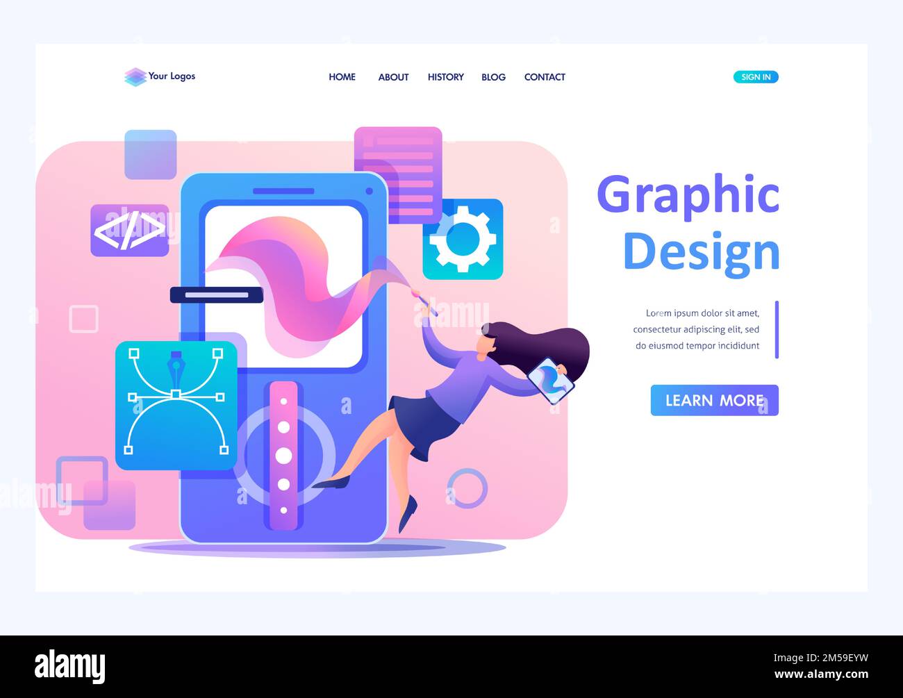 Fille designer est engagé dans la conception de l'application design, le développement de la conception graphique menu. 2D caractères plats. Concepts de la page d'arrivée et Illustration de Vecteur