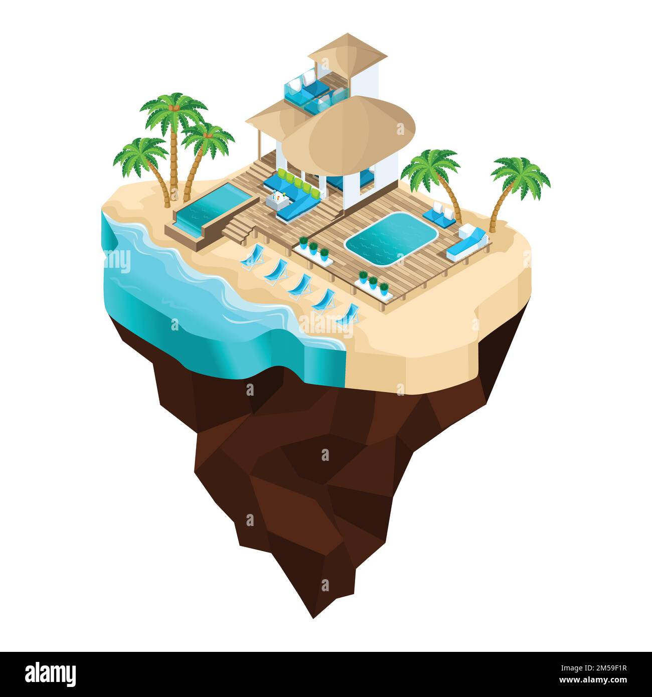 L'isometry est une île fabuleuse, un dessin animé, un hôtel de luxe, avec une vue sur la mer pour une détente chic, palmiers, soleil d'été. Les vacances au chaud comptent Illustration de Vecteur