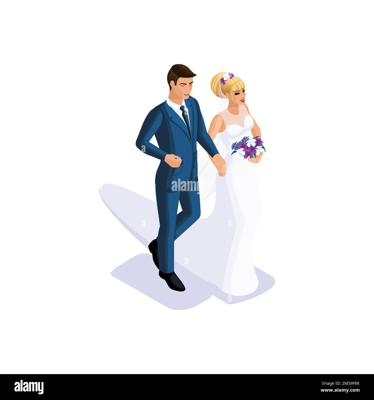 Isometrics du marié et de la mariée vont se marier sur le bras, la mariée dans une belle robe avec un bouquet de fleurs, le marié dans un su Illustration de Vecteur