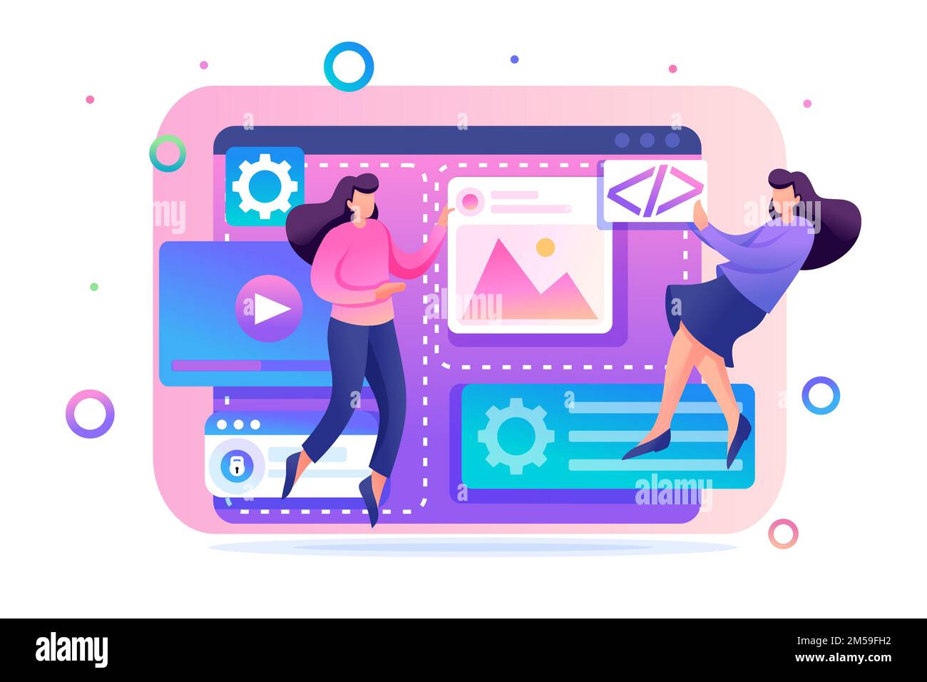 Une équipe de spécialistes travaille sur la création de web design. Concept de travail d'équipe. 2D caractères plats. Concept de conception Web. Illustration de Vecteur