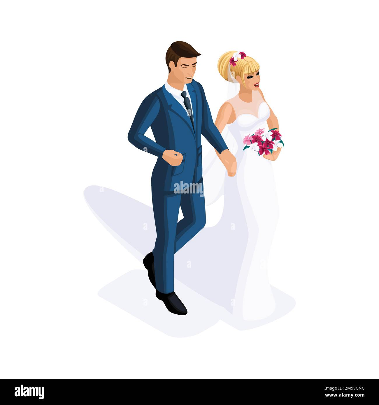 L'isométrie d'un homme et d'une femme lors d'un mariage, d'une mariée et d'un marié, d'une robe de mariage. Homme en costume, fille avec fleurs. Illustration de Vecteur